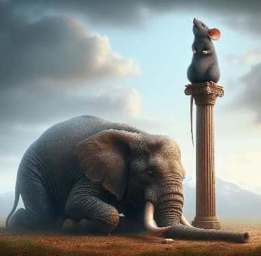 Elephant kneeling before a tall pillar with a small mouse on top