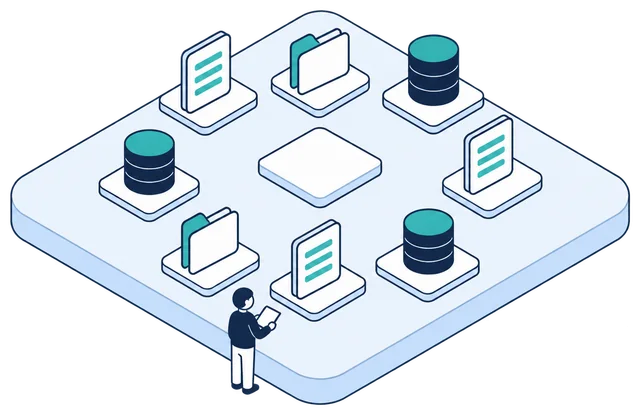 Isometric illustration. Eight teal protected items, three documents, two folders and three databases, stand around the Anonomatic mark on one large platform. A data owner with a tablet stands at its front edge, looking over them all.