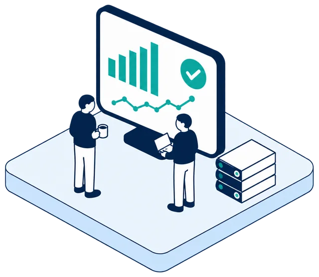 Isometric illustration. Two colleagues, one holding a mug and one holding a laptop, stand before a large dashboard of teal bar and line charts with a check mark. A short stack of servers sits beside the screen.