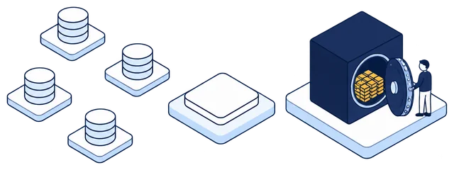 Isometric illustration. Four scattered databases send gold identity records along dashed lines through the Anonomatic mark into a single navy vault. A custodian stands at its open door, with the gold records stacked inside.