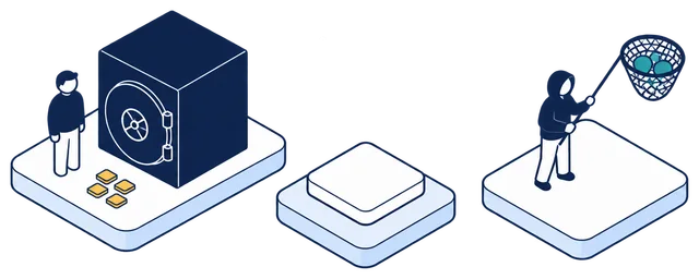 Isometric illustration. A team member stands beside a closed vault and four gold identity records. Past the Anonomatic mark, a hooded attacker lifts a net that holds only teal protected data.