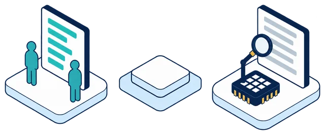 Isometric illustration. Two featureless teal figures, with no face or hair, stand beside a document of teal protected records. Past the Anonomatic mark, an AI chip holds a magnifying glass to a second document and finds only grey, blank rows.
