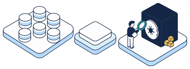 Isometric illustration. Six empty databases on one side of the Anonomatic mark. On the other, an auditor with a clipboard holds a magnifying glass to a single vault that holds the gold identity records.