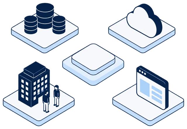 Isometric illustration. The Anonomatic mark at the centre, connected to four tiles around it: navy databases, a cloud, an office building with two employees beside it and an application window.