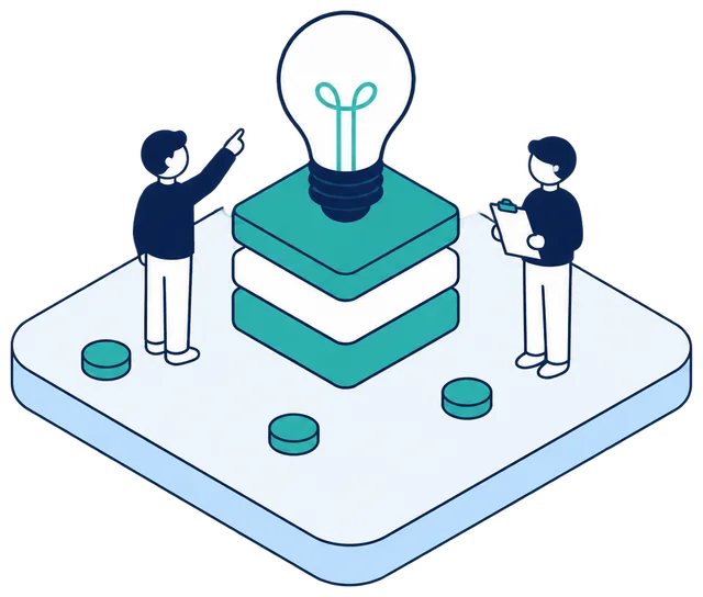 Isometric illustration. Two analysts stand beside a stack of merged teal datasets with a lightbulb on top. One points at the bulb, the other takes notes on a clipboard.